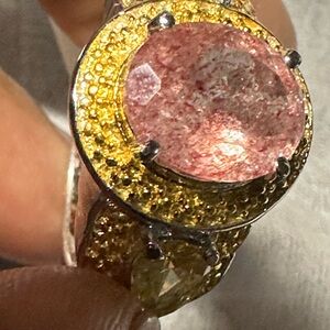 Vintage 2tone mixed metal ring/large pink sapphire/tourmaline stone/yellow stone